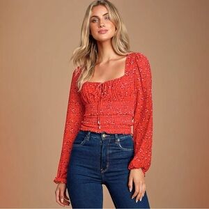 Free People Lolita Red Tiered Floral Blouse Balloon Sleeves Ruched Bodice Lg